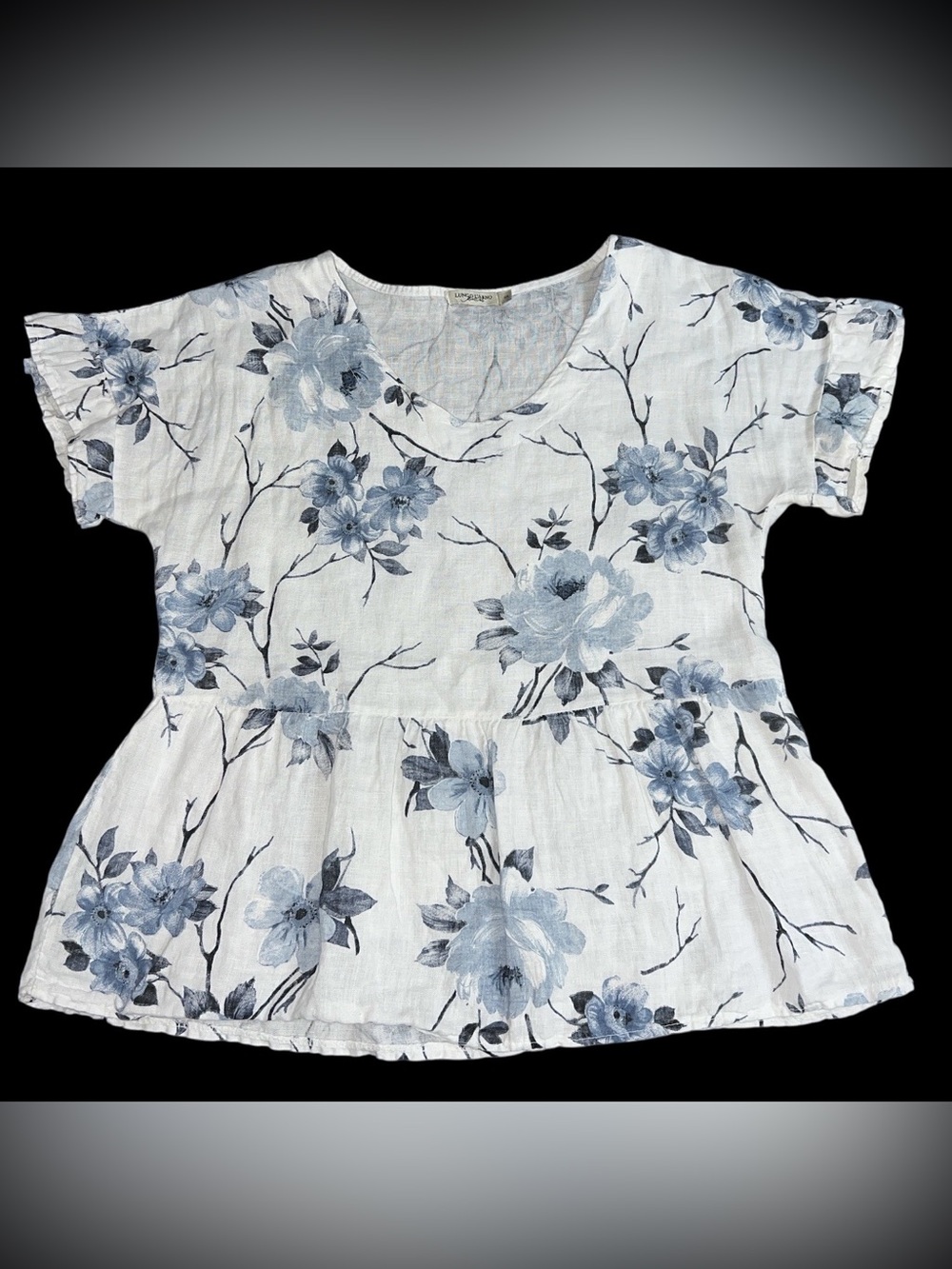Lungo L'Arno 100% Linen Tunic Ruffle Sleeve Top Italy White Blue Floral Size S